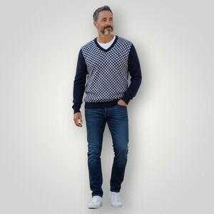 Tommy Hilfiger Sweater Mens L Checkered Print Long Sleeves V-neck Relaxed Fit‎